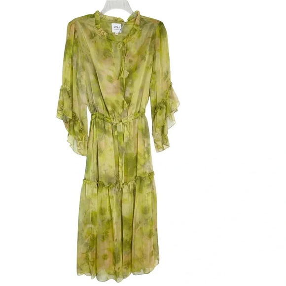 MISA Marcele Chartreuse Abstract Ruffle Midi Dress Size XS NWT - Picture 4 of 10